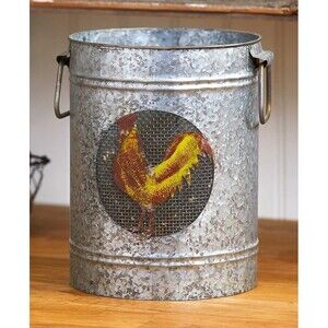 Down On The Farm Rooster Galvanized Can Utensil Holder Storage Two Handles Gift